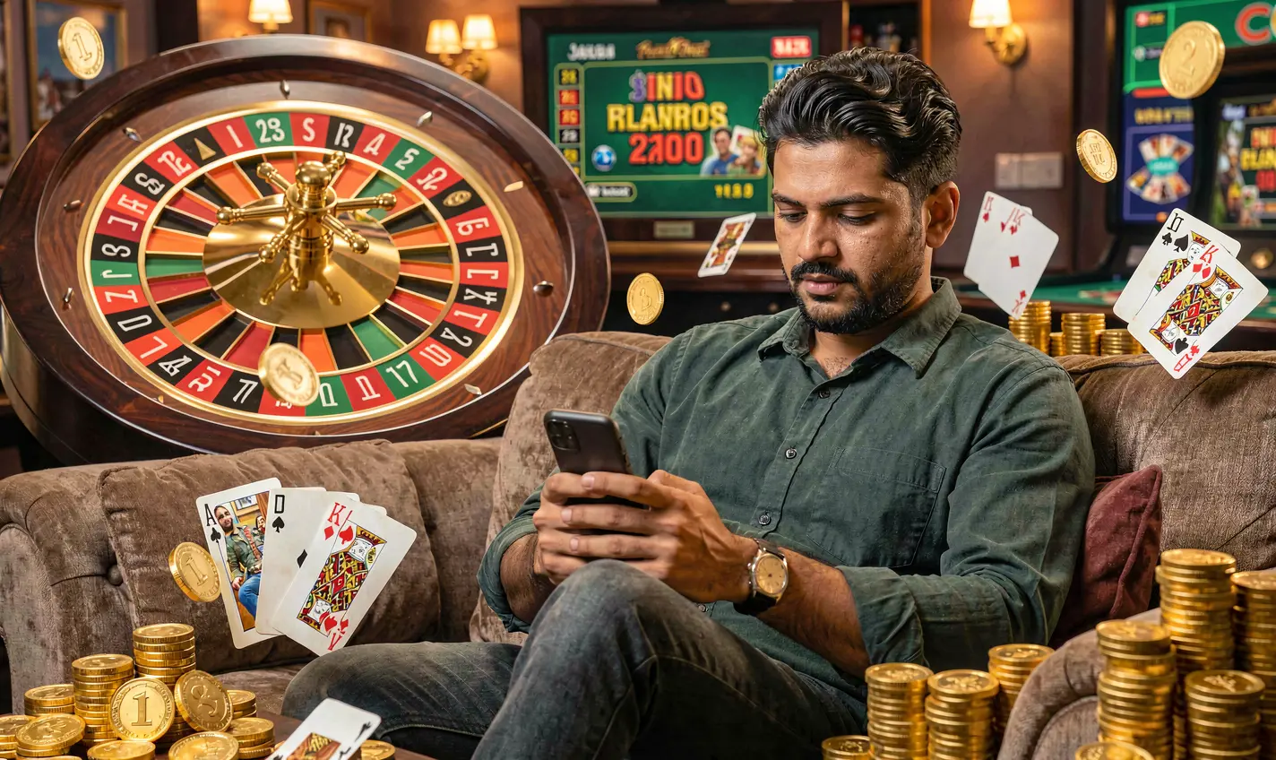 Confident Bangladeshi man relaxing on a sofa while using the 288TK casino app surrounded by glowing roulette wheels playing cards and gold coins