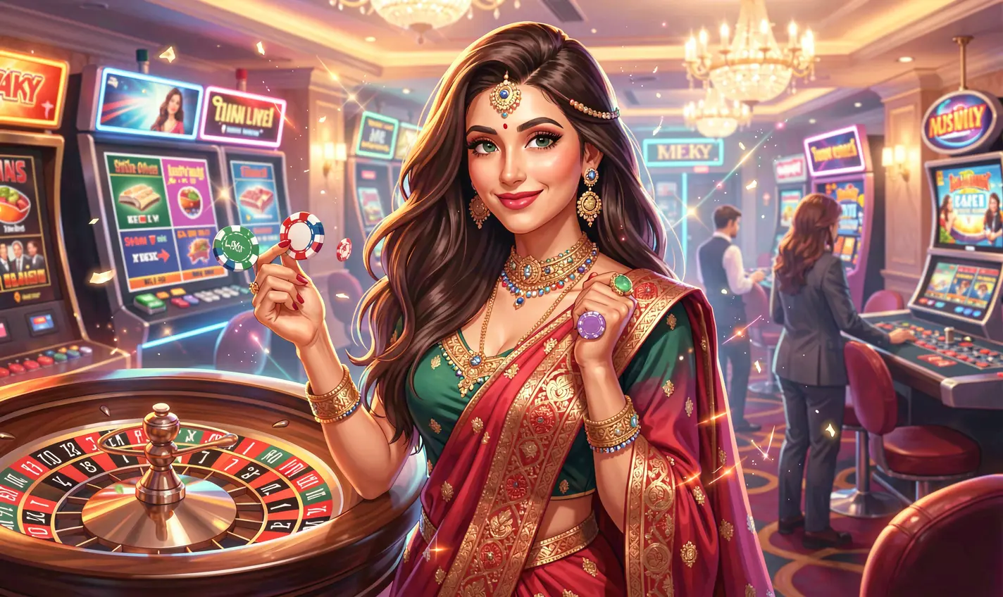 Confident Bangladeshi woman surrounded by casino chips and a roulette wheel highlighting the rewarding gameplay at 288TK casino