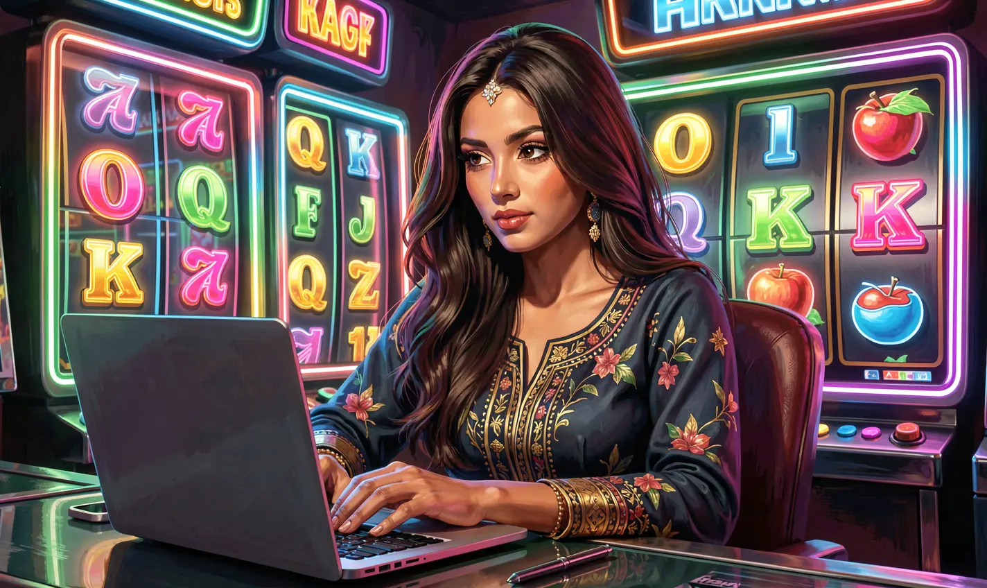 288TK Games – Discover immersive online casino gameplay for Bangladeshi players Focused woman playing online casino games on a laptop with glowing slot machine symbols behind her representing immersive gameplay on 288TK in Bangladesh